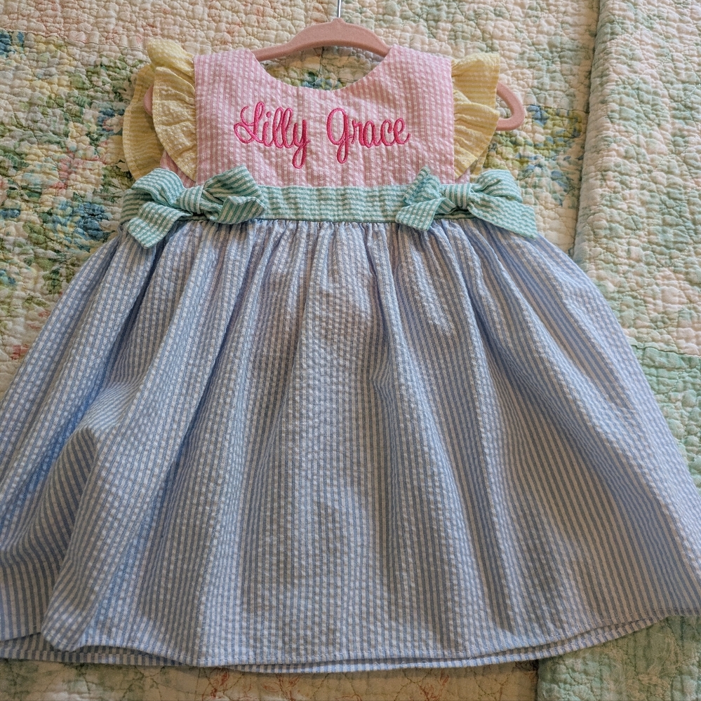 Monogrammed Name - Lilly Grace - Seersucker Dress - Size 12 Mos